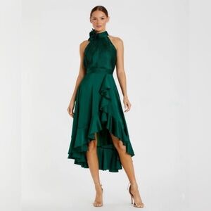 Mac Duggal Pleated Bodice High-Low Satin Cocktail Dress in Emerald NWT